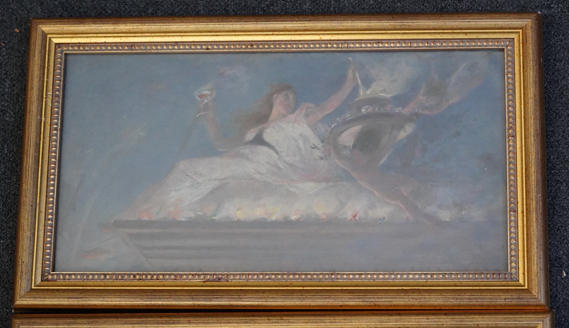 Lionel Noîl Royer (French, 1852-1926), Muse with amorini, oils on board, a pair, 39 x 19.5cm